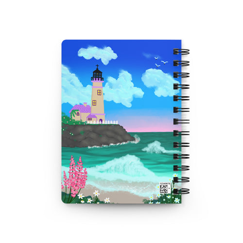 Lighthouse Coastal Journal — Spiral Notebook with Ocean Sunset Illustration