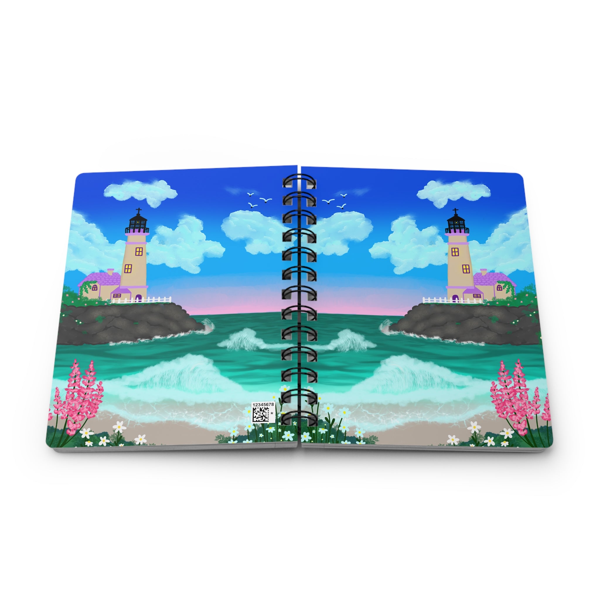 Lighthouse Coastal Journal — Spiral Notebook with Ocean Sunset Illustration
