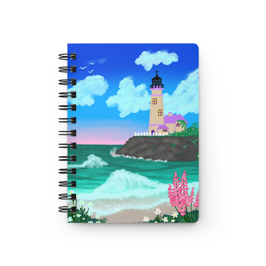 Lighthouse Coastal Journal — Spiral Notebook with Ocean Sunset Illustration