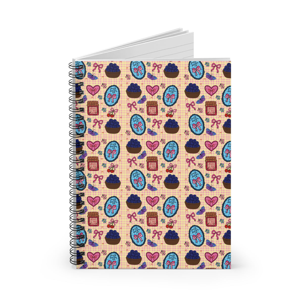 Patterned Spiral Notebook — Cute faith based and blueberries & bows notebook