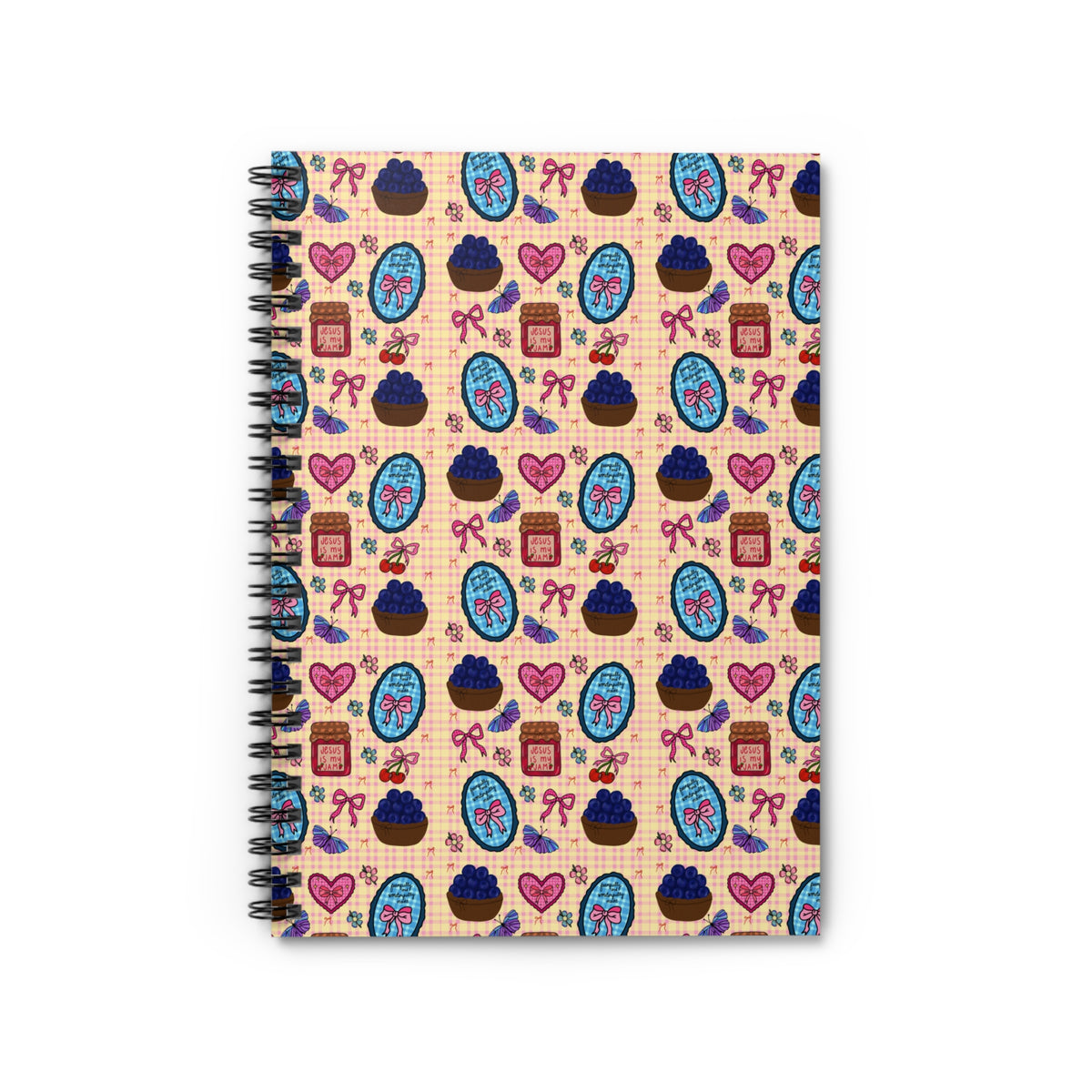 Patterned Spiral Notebook — Cute faith based and blueberries & bows notebook