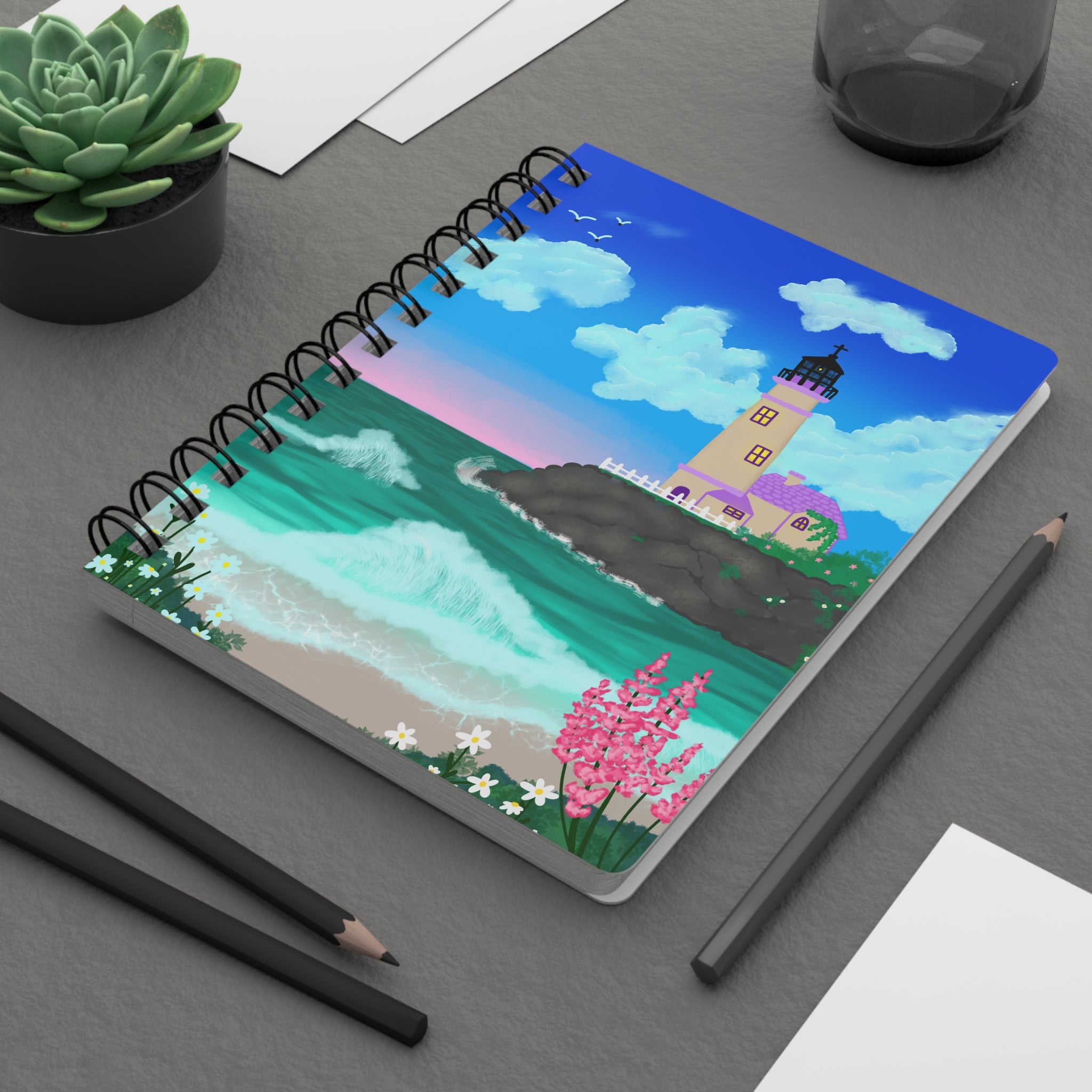 Lighthouse Coastal Journal — Spiral Notebook with Ocean Sunset Illustration